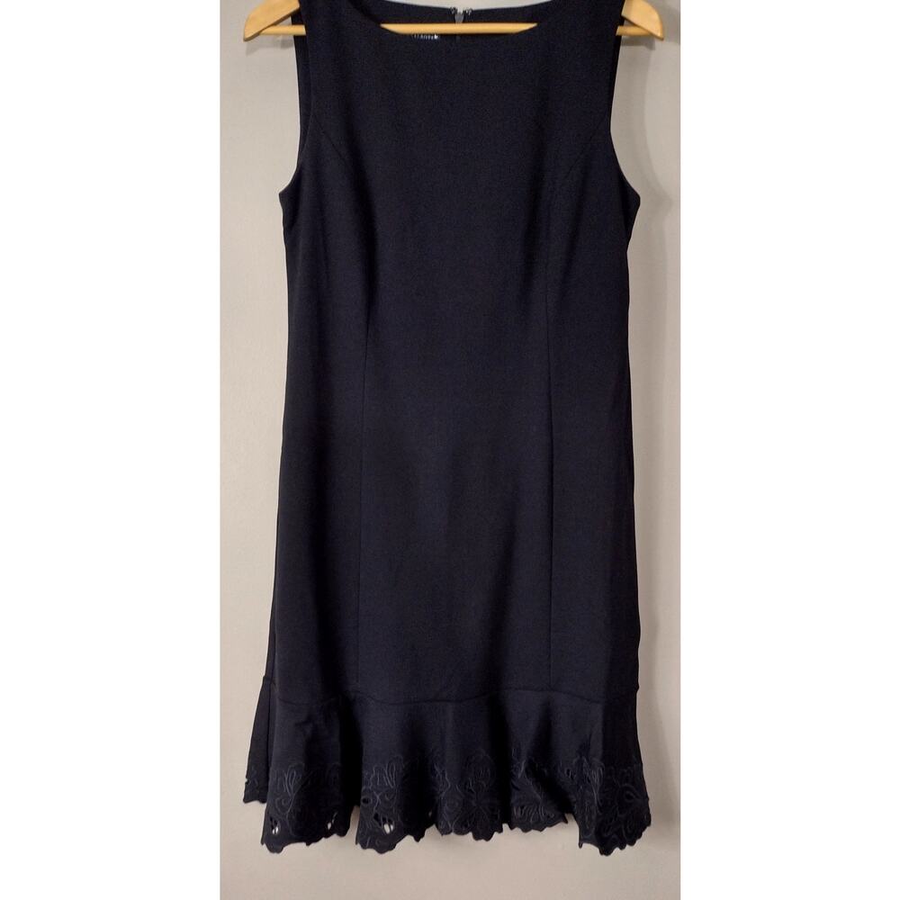 TALBOTS Sleeveless Flounce Dress Stretch Floral Trim Navy Size 8 - Picture 4 of 16